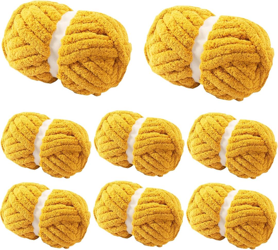 Chunky Yarn for Hand Knitting 8 Pack, Fluffy Thick Yarn for Crocheting, Soft Bulky Chenille Blanket Yarns for Handcrafts & DIY (Yellow 28yds 8oz Each Skein)