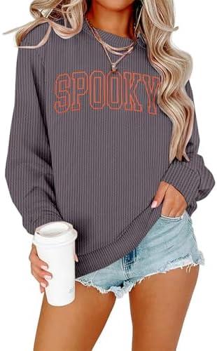 QLIPIN Spooky Season Sweatshirt Womens Halloween Sweatshirt Spooky Fall Ribbed Textured Knit Long Sleeve Pullover Tops M