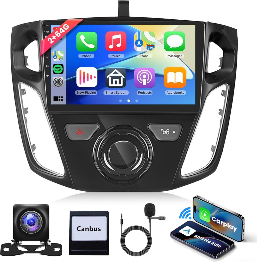 2G+64G Android Car Radio Car Stereo for Ford Focus 2012-2018 with Wireless Carplay Android Auto, 9 Touch Screen Head Unit with Mirror Link WiFi GPS Bluetooth FM RDS EQ AHD Backup Camera SWC MIC