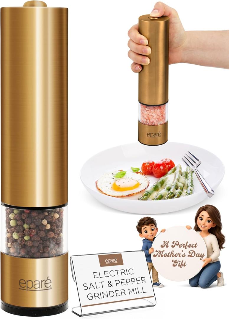 Epar Electric Gold Salt and Pepper Grinder - Battery Operated Brass Pepper Mill with Ceramic Burr - One Hand Peppermills With LED Light