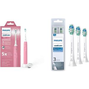 Philips Sonicare 4100 Electric Rechargeable Power Toothbrush, Pink, with Genuine Philips Sonicare Optimal Plaque Control Replacement Toothbrush Heads, White, 3 Pack