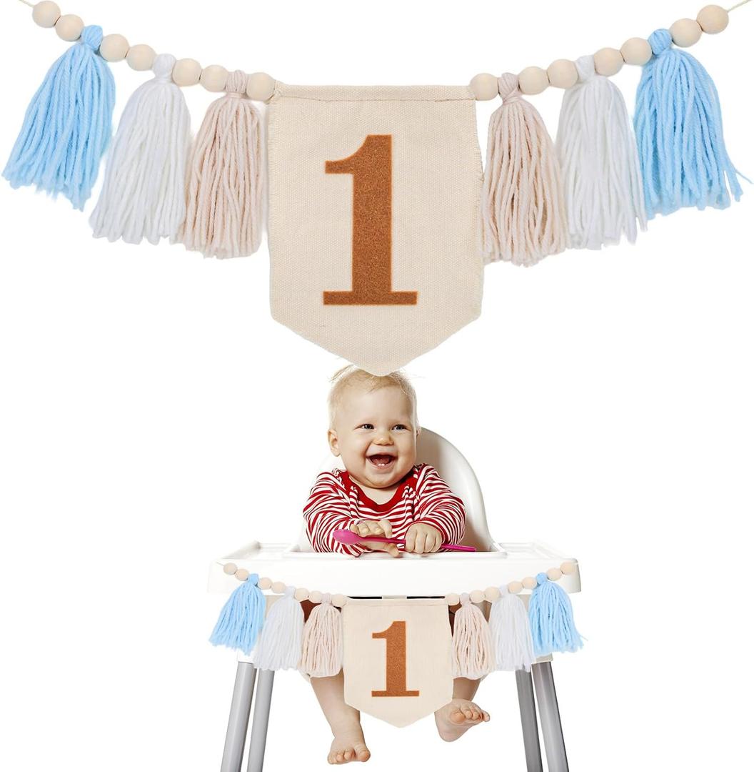 1st Birthday High Chair Banner, Wood Bead Highchair Tassel Banner Boho Style Birthday Photo Backdrop Wall Hangings for Kids Birthday Party Decoration