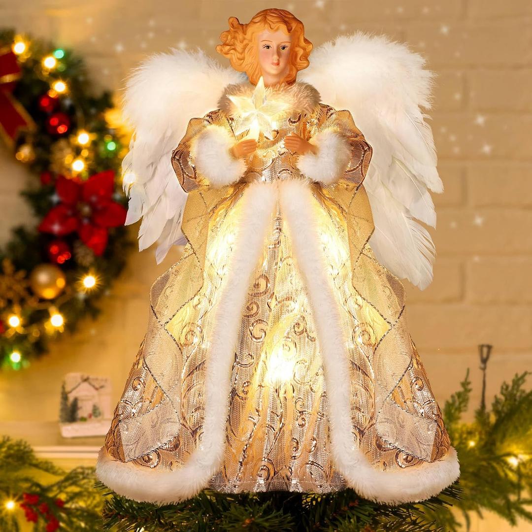 [Timer & Angel] 12 Inch Lighted Christmas Angel Tree Topper with Lights, Luxury Sliver Fabric Small Angel Tree Topper with Wings 10 Warm White LEDs Battery Operated for Home Christmas Tree Decoration