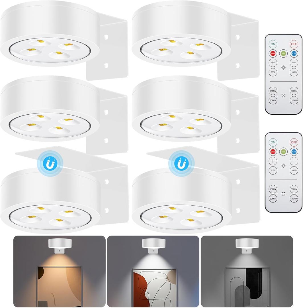 Picture Lights for Wall, 3 Lighting Modes Magnetic Art Display Light,Battery Operated Led Painting Light with Remote Control Dimmable & Timer,6Pack White