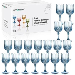 XUWAIDSGN 24 Pcs 7oz Plastic Vintage Wine Glasses Drinking Glasses Unbreakable Wedding Glassware Crystal Water Goblets Reusable Drinkware Vintage Champagne Flutes (24, Blue)