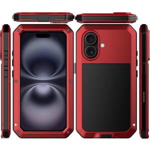 Marrkey for iPhone 16 Metal Case 6.1",Heavy Duty Shockproof Aluminum Alloy Tough Armour Military Grade Phone Case,360 Full Body Protective Cover with Silicone Built-in Screen Protector - Red