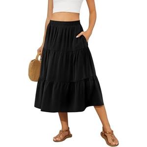 DouBCQ Women's Midi Skirt Elastic High Waist Casual Tiered A-Line Flowy Ruffle Skirts with Pockets, M