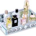 Crush Diamond Mirror Perfume Tray, Silver Glass Mirror Trays for Vanity, Table Trays Decorative, Moon Phase Pattern Vanity Trays for Bedroom Dresser Bathroom(15”x11”x2”)