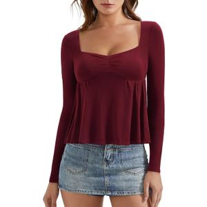 OMKAGI Cute Peplum Babydoll Tops for Women Going Out Double Layer Long Sleeve Shirts (XS)