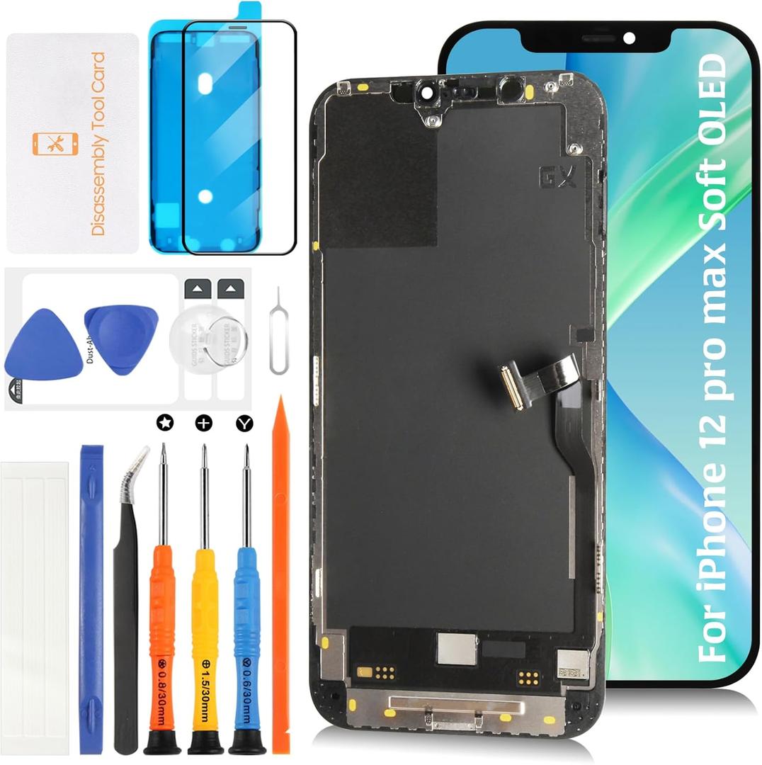 for iPhone 12 Pro Max Soft OLED Screen Replacement 6.7" Display Assembly with Ear Speaker & Proximity Sensor Flex Cable Touch Digitizer Repair Kit A2342 A2410 A2411 A2412