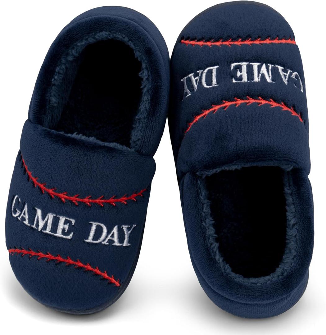 INMINPIN Kids Toddler Ball Sports Slippers Girls Boys Cozy Warm House Shoes Memory Foam Non-Slip Indoor Outdoor Slippers for Sports Fan (Toddler/ Little Kid/ Big Kid), Baseball Dark Blue, 6-7 Big Kid