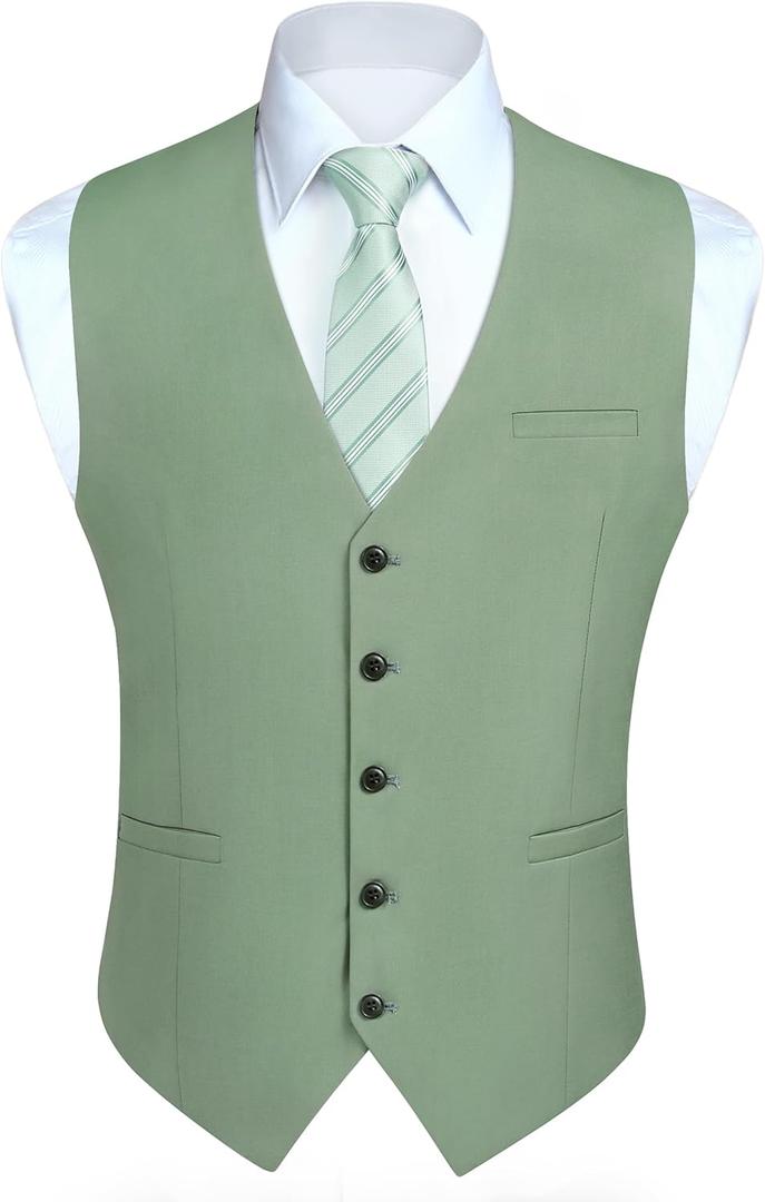 HISDERN Mens Suit Vest Waistcoat with 3 Pockets Slim Fit for Business Formal Wedding Prom and Casual Tuxedo Wear (Large, Light Green)