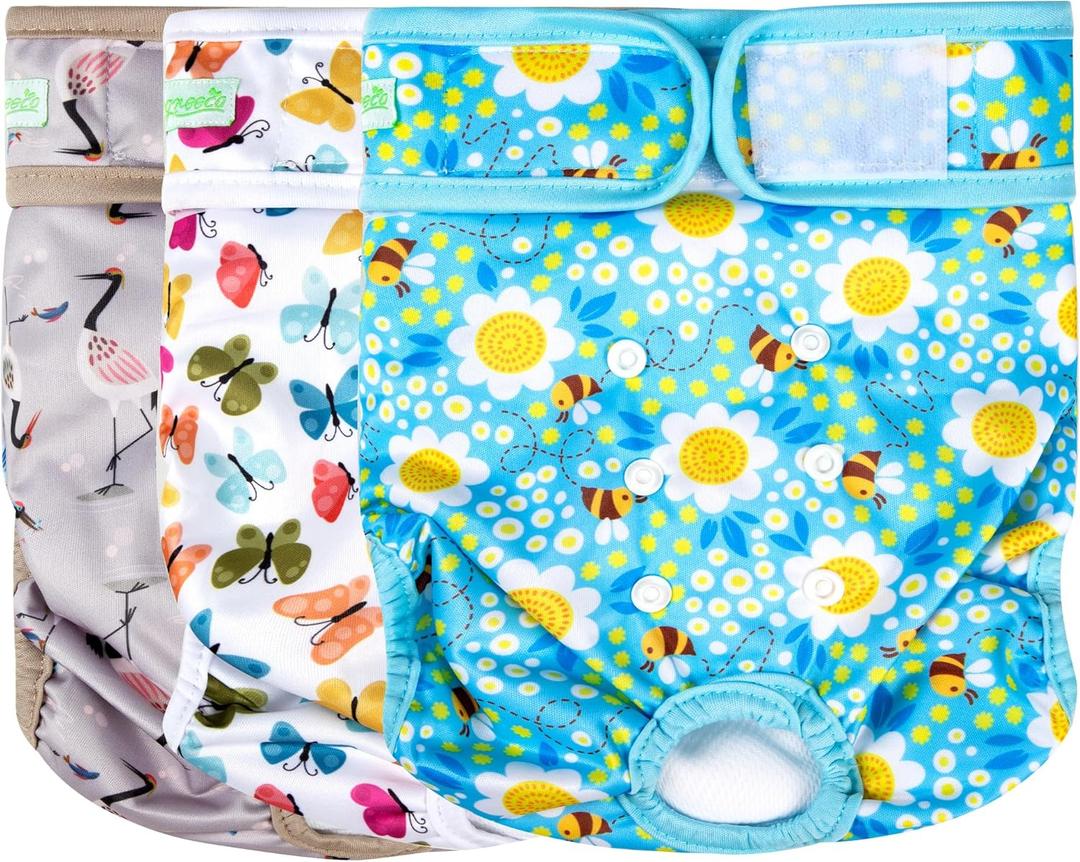 wegreeco Washable Female Dog Diapers Highly Absorbent Reusable Diapers for Dog in Heat Period, 3 Pack (Flamingoes, Medium)