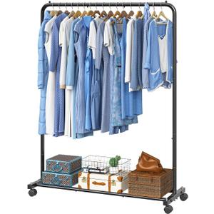 Simple Trending Clothing Rack for Hanging clothes, Portable Garment Rack with Bottom Shelf, Metal Clothes Rack on Wheels for Bedroom, Laundry Room, Black