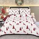 FRAMICS 3-Piece Queen Size Reversible Reindeer Christmas Tree Quilt Set with 2 Pillow Shams - Red Check Snowflake Pattern, 90" x 90"