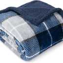 PAVILIA Blue Navy Plaid Sherpa Throw Blanket for Couch Twin, Plush Flannel Fleece, Soft Fuzzy Cabin for Sofa Bed, Warm Cozy Winter Gift, 60x80