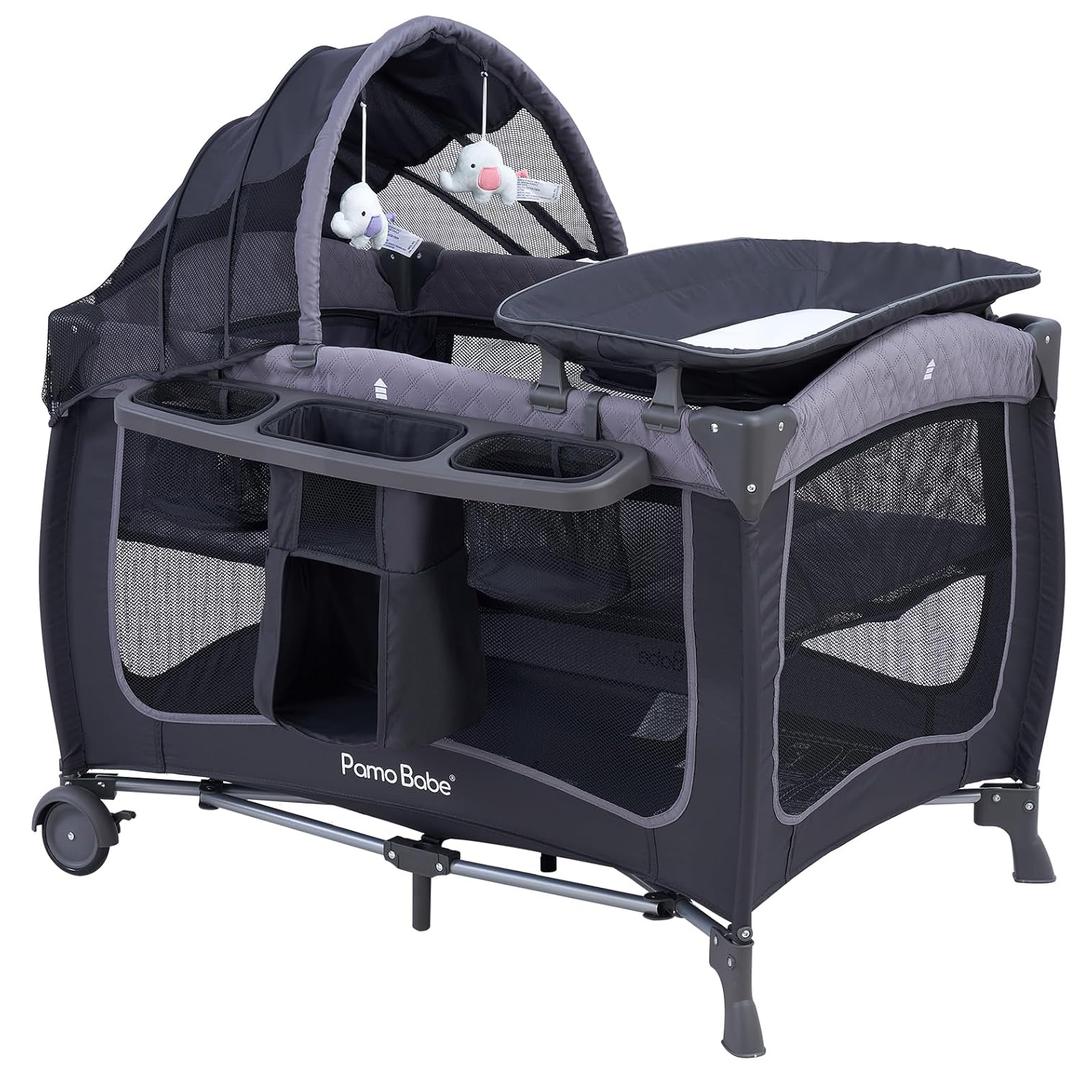 Pamo Babe Baby Playard with Canopy, Portable Crib with Changing Table (Light Grey)