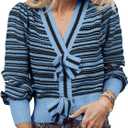 Saodimallsu Womens Striped Cropped Sweaters V Neck Cute Bow Tie Puff Sleeve Loose Knit Trendy Pullover Sweater (Large, Blue)