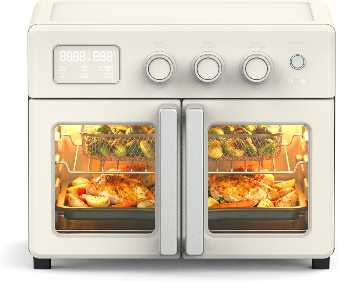 Martha Stewart French Door Air Fryer Toaster Oven Combo, 34QT Countertop Convection, 12-in-1, Bake, Broil, Roast, Fits 12” Pizza, Dehydrate, 5 Accessories, Air Fry Basket, Stainless Steel, Linen White