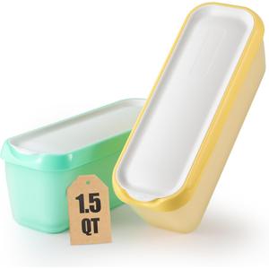 Set of 2 Ice Cream Containers for Homemade Ice Cream1.5 Quart EachReusable Storage Tubs with Lids for Frozen GelatoYogurt, SorbetDouble-Walled Ice Cream Tub Cup with Non-Slip Base (Yellow+Green)
