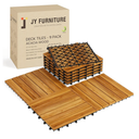 9 PCS Interlocking Deck Tiles 12" x 12"- Acacia Wood Deck Tiles for Outdoor & Indoor Use, Drainage, Non Slip, Easy Installation - Patio Flooring for Balcony, Backyard, and Garden (Golden Steak)
