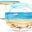 50 Count Nautical Beach Oval Paper Plates Platter 10" x 12" Disposable Sea Shells Ocean Serving Dish for Spa Party Baby Shower Summer Holiday Party Tableware Supplies Decor