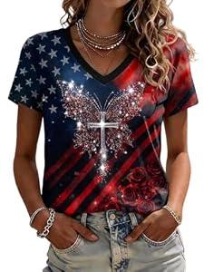 NOVEPT 250th Anniversary USA V-Neck Tee Shirt Butterfly Cross Rose All Over Print Patriotic Tee 4th of July Casual Top Clothing (Butterfly, L)