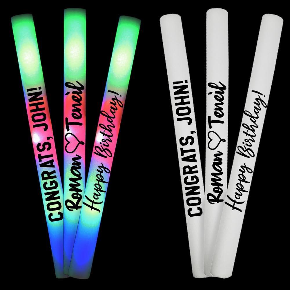 Pack of 50 Custom LED Party Foam Light Sticks Batons for Wedding, Parties, Birthdays, Guests, Party, DJ, Concerts, Festivals, Events, Promotions 3 Color Lighting Modes Batteries 16"
