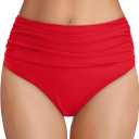Tempt Me Women's High Waisted Bikini Bottom Tummy Control Ruched Bathing Suit Swim Bottom (Red), Medium