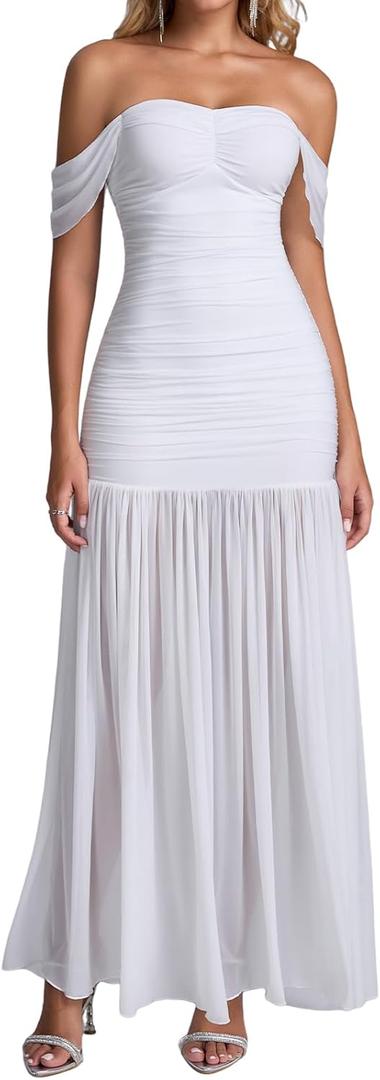 XinFSh Women's Off The Shoulder Maxi Formal Wedding Guest Dress Ruched Mesh Bodycon Long Cocktail Dresses (White), S