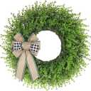 CYANBLOOM Boxwood Wreaths for Front Door: 24 Inch Large Green Wreath with Buffalo Plaid Bow - Weatherproof Year Round Hanging Outdoor Winter Spring - Christmas Holiday Decorations Gifts