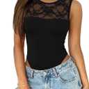 Saslax Women's Lace Bodysuit Crew Neck Short Sleeve Sheer Sexy Slim Fit Going Out Top for Concert Date Night Club (Black, M)
