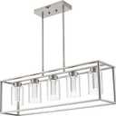 VINLUZ LED Linear Chandeliers Farmhouse Rectangle Pendant 5 Light with Clear Glass and Crystal Bulb,Black Modern Dining Room Lighting Industrial Kitchen Island Foyer Light Fixture Hanging (Brushed Nickel)
