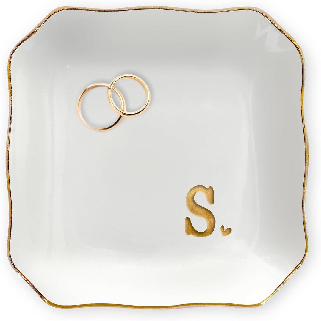 2 x OASSIE Bridal Shower Gifts for Women - 4"x4" Jewelry Dish Tray Letter S | Wedding Gifts, Engagement Gift, Initials Ceramic Personalized Ring for Women, Dish Gold Trim Design, Desk Vanity Decor