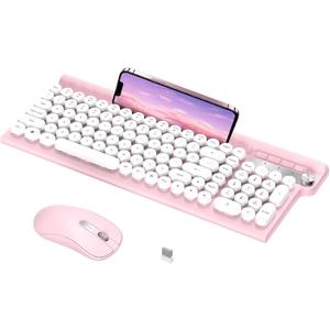 RaceGT Wireless Typewriter Keyboard and Silent Mouse Combo - Cute Pink Keyboard with Phone Holder, 2.4G USB Computer Keyboard and Mouse Set for Windows Laptop/Desktop/PC (Pink-1)