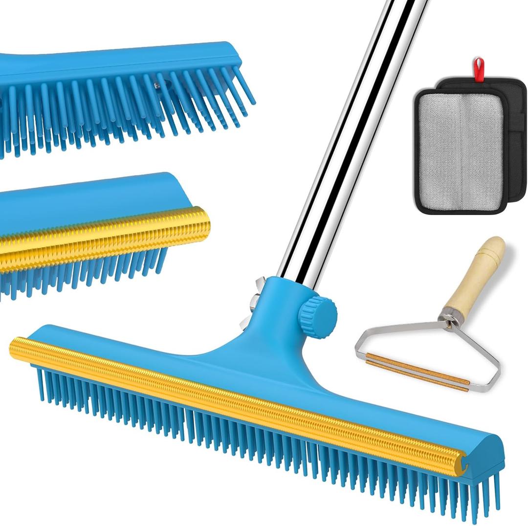 3 in 1 Carpet Rake for Pet Hair Removal, Reusable Pet Hair Remover Broom, 60'' Adjustable Long Handle Dog and Cat Hair Remover Tool Set of 3, Lint Remover Scraper for Carpets, Rugs, Mats, Couch, Car (Blue)