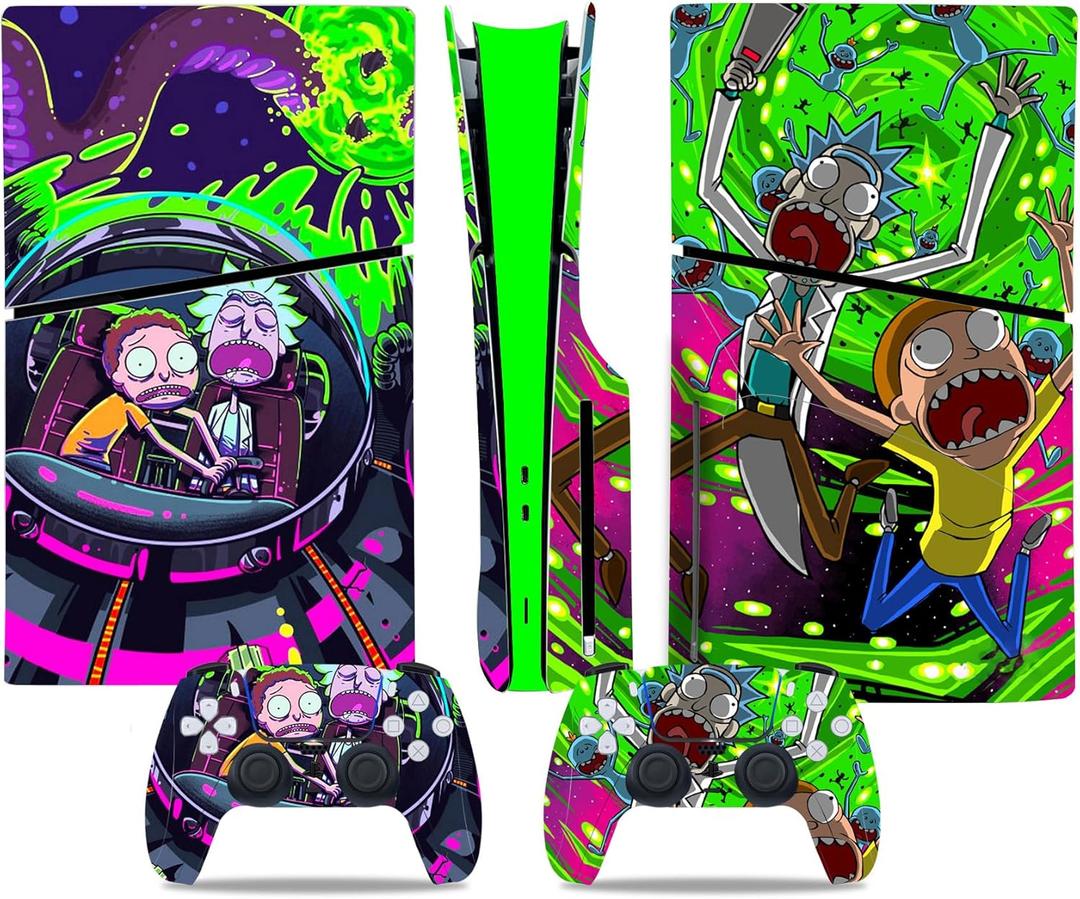 Decal Skin for PS5 Slim Console and Controllers Disk Edition, PS5 Console Accessories, Vinyl Skin Stickers for PlayStation 5 Slim - Green and Purple