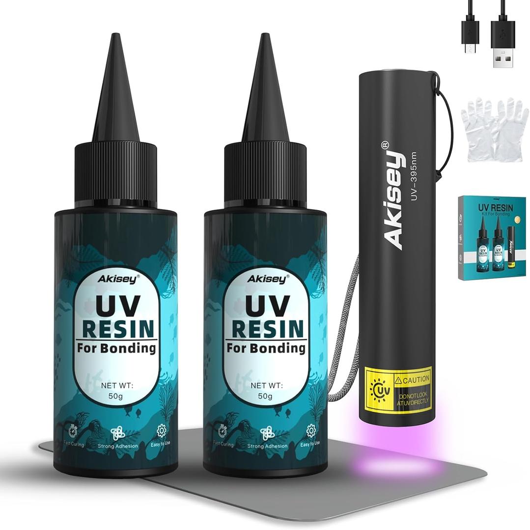 Akisey UV Resin Kit with Light, 100g UV Resin with Rechargeable 395NM UV Flashlight, Fast Curing in Seconds, UV Glue Adhesive for Bonding Jewelry, Plastic, Glass Repair, w/Mat, Gloves, Storage Bag