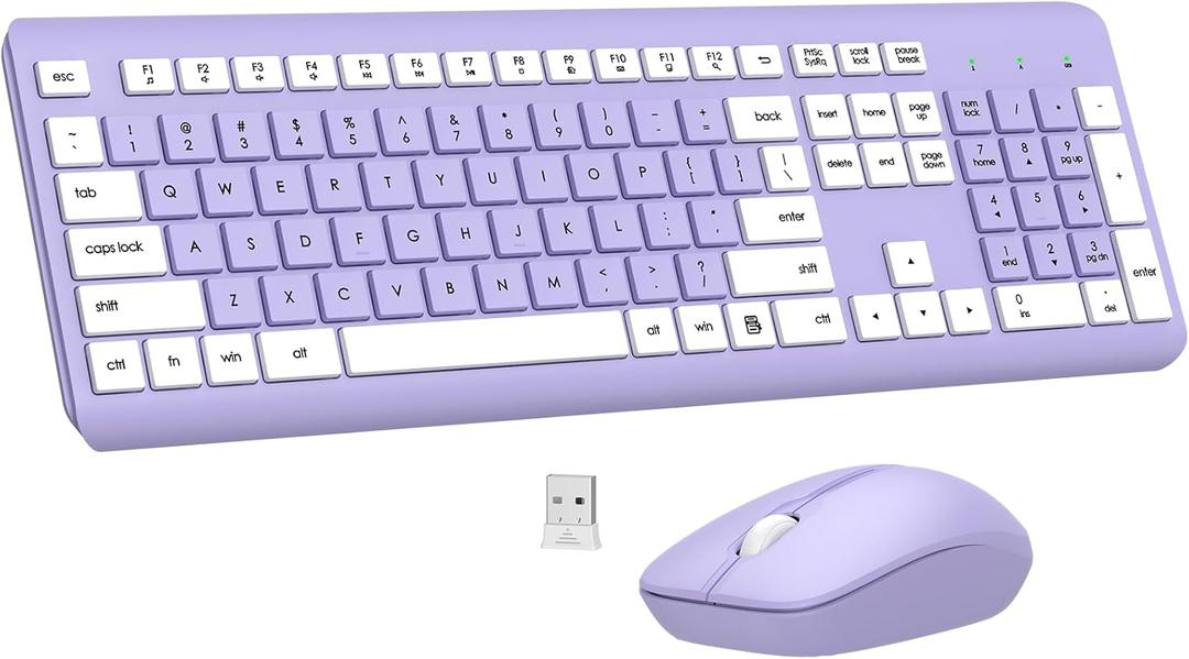Wireless Keyboard and Mouse Combo, Full-Size Silent Ergonomic Keyboard and Optical Mouse, Long Battery Life, 2.4G Lag-Free Mice Keyboard for Computer, Mac, Laptop, PC, Windows(Purple)