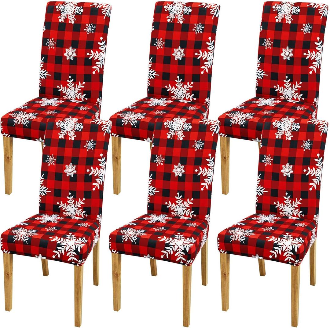 Preboun 6 Pcs Christmas Chair Covers Stretch Printed Chair Back Protectors Covers Dining Slipcovers Spandex Slipcovers with Snowflake Removable Washable Xmas Seat Protector for Christmas