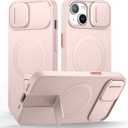 SURITCH for iPhone 13/14 Case with Slide Camera Cover and Adjustable Kickstand, Compatible with MagSafe Protective Cover 6.1 Inch,Pink (ONLY Compatible with iPhone 13/14)