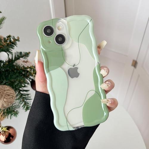 DEFBSC for iPhone 14 Case, Cute Clear Wavy Art Design Aesthetic Pattern Phone Case for Women Girls, Wave Frame Durable Protective Cover Full Camera Protection Bumper for iPhone 14, Green