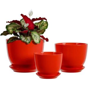 Ceramic Plant Pots - 4"/5"/6" Inch Red Planters Set of 3 with Drainage Holes and Saucer - Indoor Flower Pots for Plants Ceramic Planters for Indoor Gardening Succulent Pots(Red)