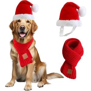 Santa Hat & Scarf Set for Medium Large Dogs, 2 PCS Adjustable Dog Christmas Costume, Fall Winter(Hat & Scarf,Large)