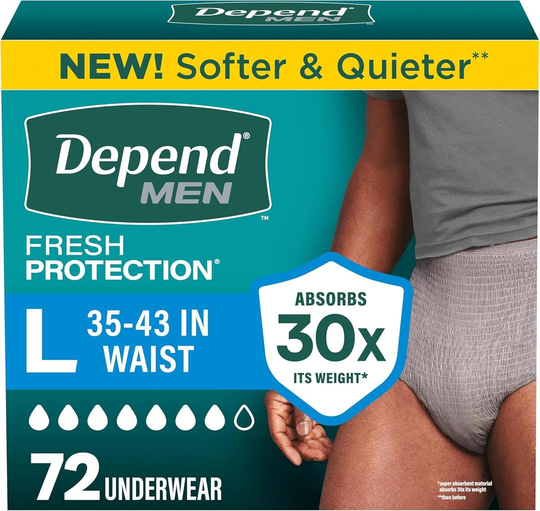 Depend Fresh Protection Adult Diapers, Incontinence Underwear for Men, Disposable, Maximum, Large, Grey, 72 Count (2 Packs of 36), Packaging May Vary