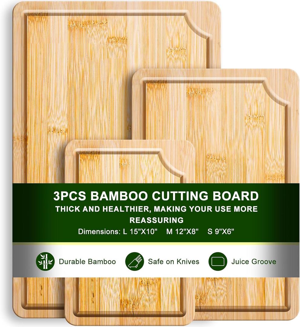 Bamboo Cutting Board-3 Piece Set, Kitchen Bamboo Cutting Board With Juice Slot And Built-In Handle, Used for Cooking, Meat, Vegetables and Cooked Food