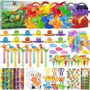 12 Pack Dinosaur Birthday Party Favors Decorations Supplies for Kids, Dino Theme Goodie Bags Fillers with Silicone Fidget Stretch Toys, 3D Dino Boxes, Bubble Wands, Hats, Slap Bracelets, Stickers