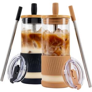 Pandaloo Glass Cups With Lids and Straws -20 Fl Oz- Perfect Size Iced Coffee Cup - Smoothie Cup With Bamboo Lid and On the go Lid - Glass Tumbler (2 Count (Pack of 1), Amber Sand-Black Saphir)
