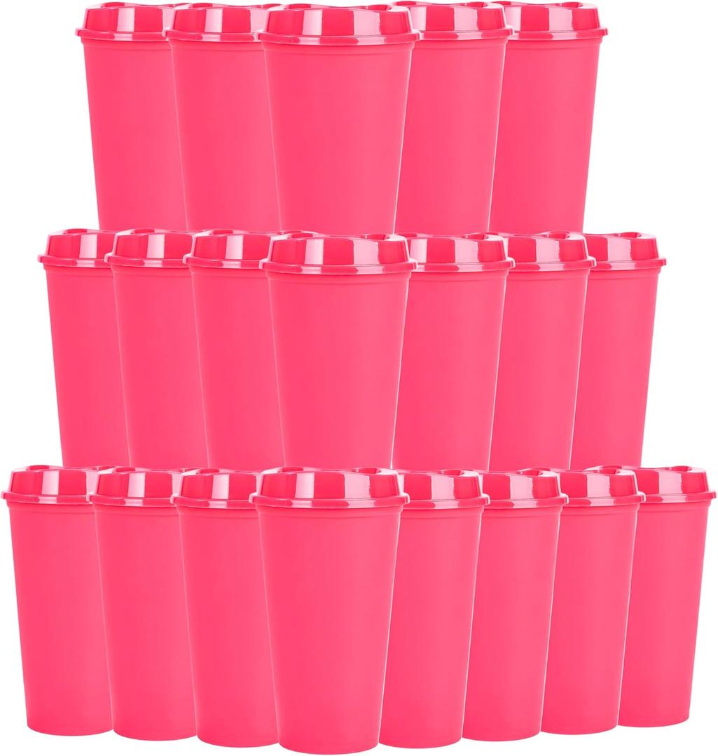 20 Pack Reusable Coffee Cups with Lids 16 oz Plastic Tumblers Travel Mug Iced Coffee Cup for Adults and Kid Women Hot and Cold Drinks, Microwaveable (Rose) (Red)