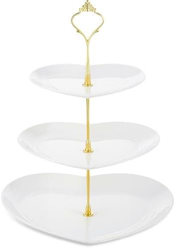 Layhit 1 Pack Valentine's Day 3 Tier Cupcake Stand Heart Shaped 3 Tiered Serving Trays for Party Plastic Tray Dessert Cupcake Stand for Tea Party Baby Shower Wedding (White)
